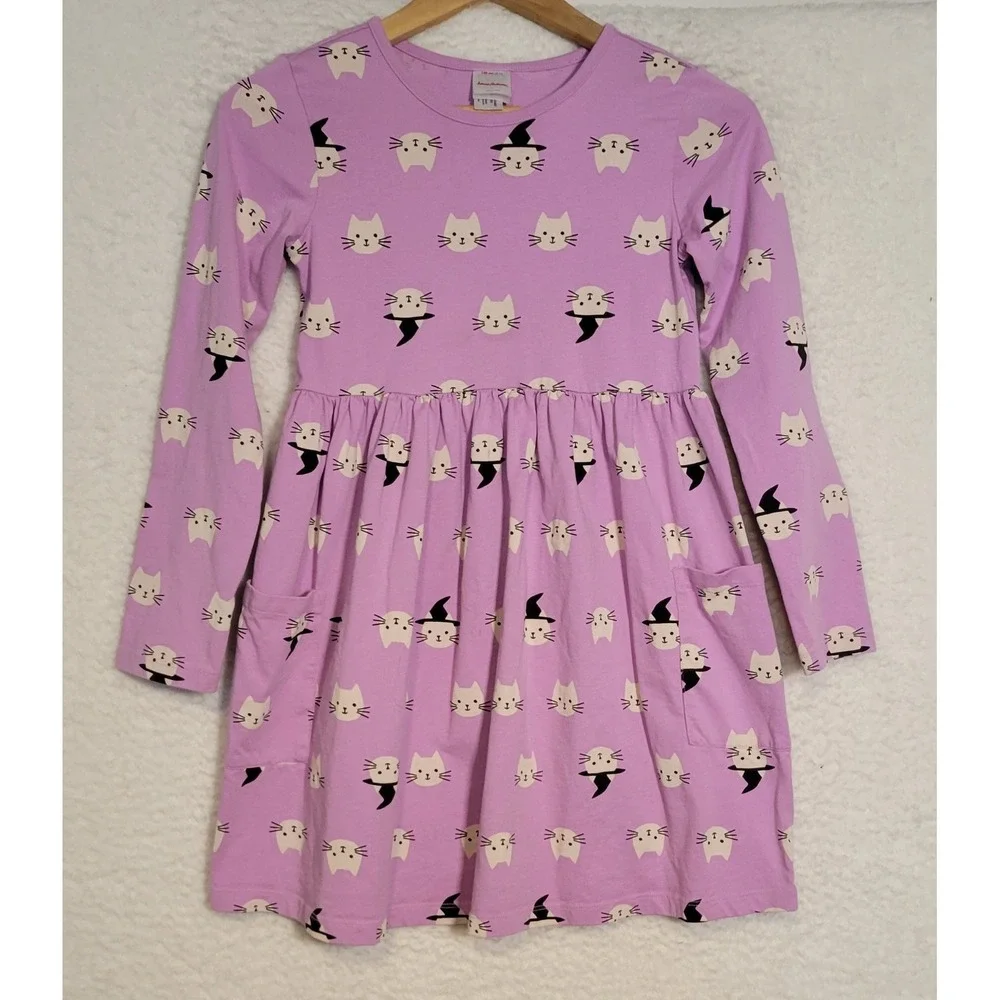 Hanna Andersson Girls Dress Size 140 (US 10) Cats Purple Long Sleeve 1287